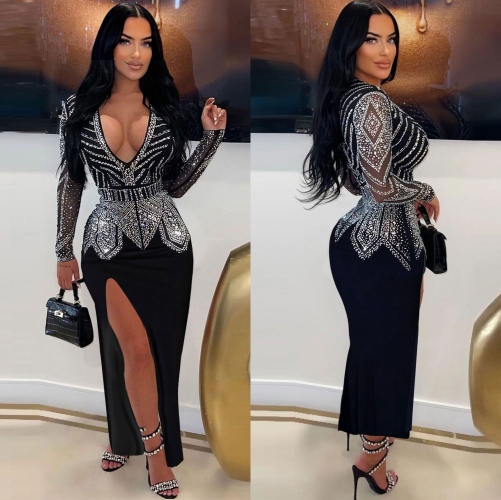 Sexy hot diamond V-neck elastic slit dress