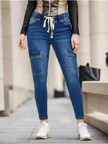 Plus size elastic drawstring pocket jeans