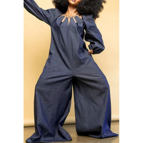 Leisure characteristic metal loop imitation denim jumpsuit