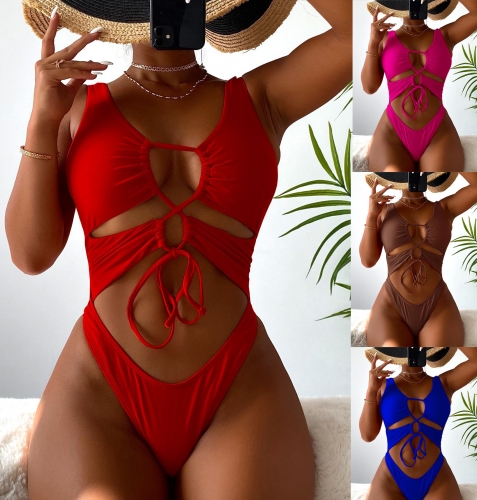 Drawstring hollowed out one piece swimsuit