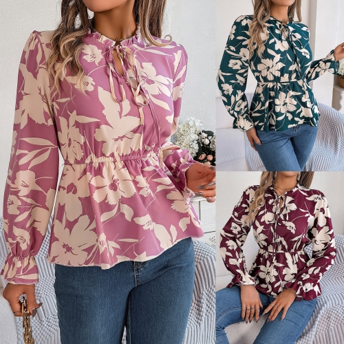 Leisure floral lace up long sleeved chiffon shirt top