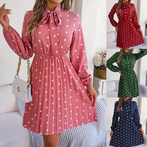 Sexy polka dot lace up long sleeved pleated skirt