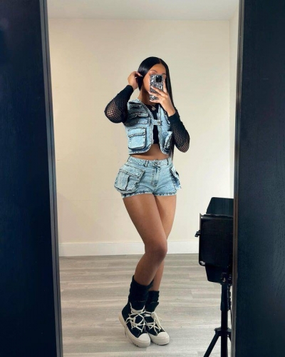 Casual multi bag vest+denim shorts two-piece set