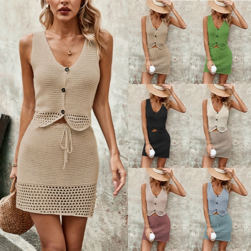Solid color knitted vest+half skirt two-piece set
