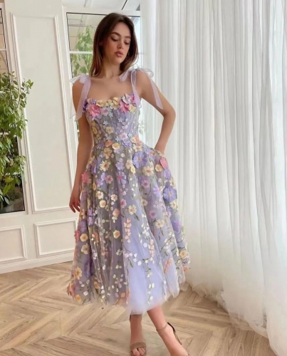 Lace up three-dimensional flower embroidery dress