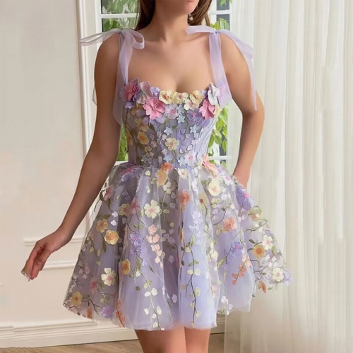 3D floral embroidered lace up dress