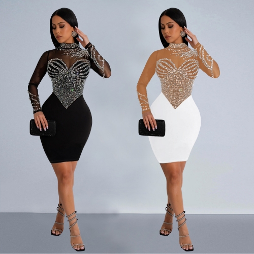 Mesh hot diamond patchwork mini dress