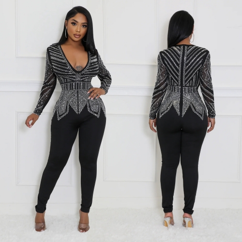 V-neck hot diamond long sleeved jumpsuit