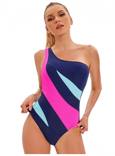 Diagonal shoulder color patchwork one piece swimsuit