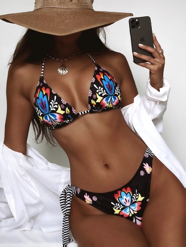 Lace up floral print bikini set