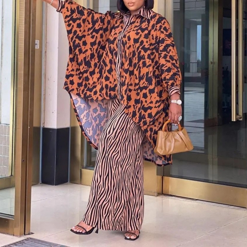 Loose leopard print wide leg pants set