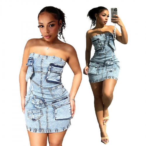 Fashion strapless 3D pocket denim dress