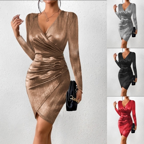 Sexy solid color V-neck slit dress