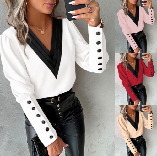 Solid V-neck long sleeved button up women's shirt