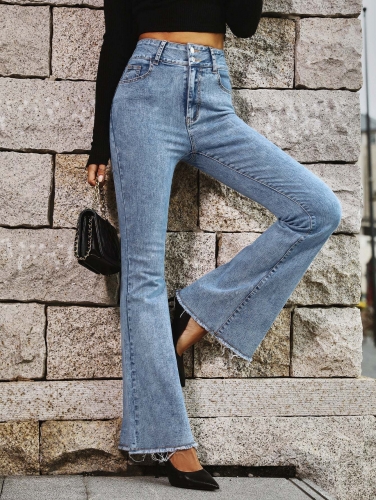 Charming double button ruffled denim flared pants