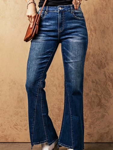 Charming denim with irregular patchwork flared pants at the hem