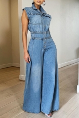 Sleeveless denim wide leg jumpsuit