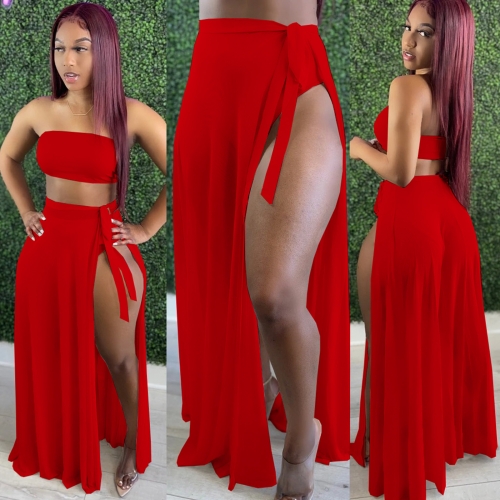 Solid color chest wrap+underwear+mesh skirt swimsuit three piece set