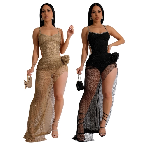 Hot diamond jumpsuit+high slit transparent mesh dress