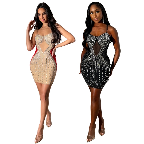 Hot Diamond Velvet Spliced Mesh Perspective Mini Dress