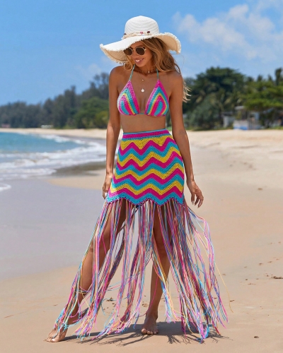 Handmade crochet wave fringe beach skirt set