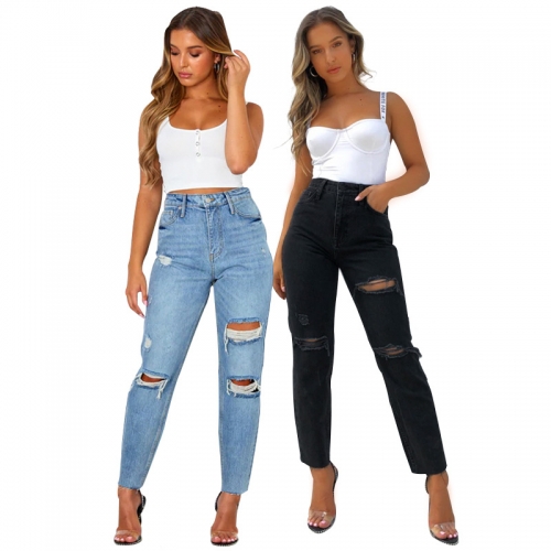 Casual distressed straight leg jeans