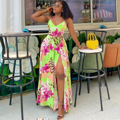 Sexy lace up split maxi floral print dress