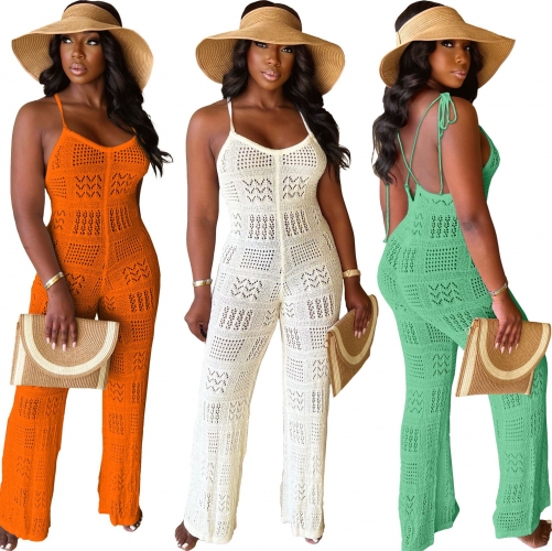 Solid color suspender geometric hollow knit jumpsuit