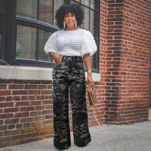 Pocket workwear camouflage printed straight leg jeans
