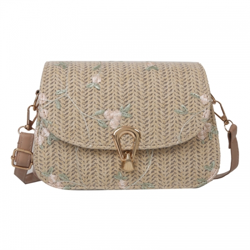 Embroidered straw woven crossbody shoulder bag