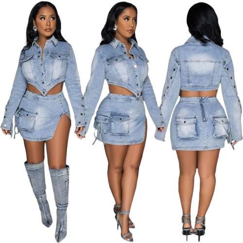 Button zipper tie up irregular slit denim skirt set