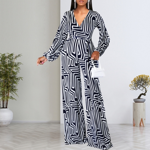 Sexy printed long sleeved V-neck jumpsuit