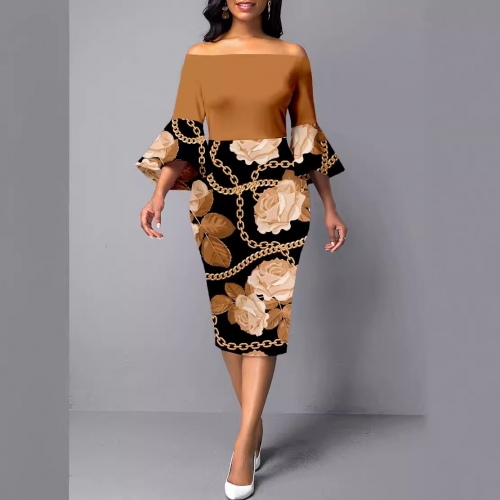 Sexy printed one line collar long sleeved dress