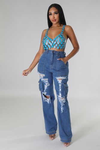 Casual loose high waisted wide leg ripped jeans