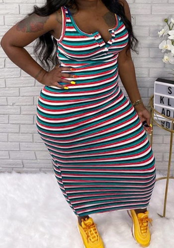 Button plus size colorful striped printed dress