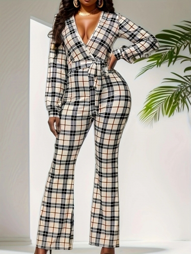 Plus size lace up plaid printed jumpsuit