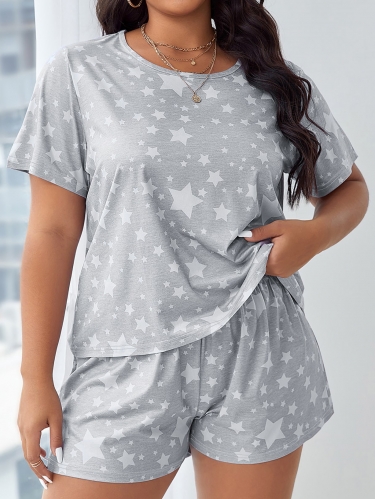 Home Plus Size Five pointed Star Printed Shorts Set