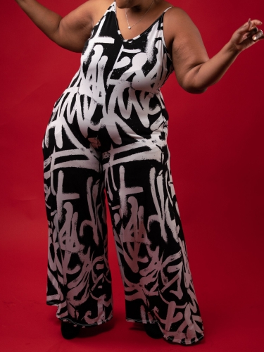 Hanging strap plus size printed wide leg jumpsuit