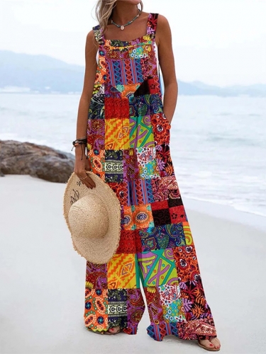 Printed ethnic style button up oversized jumpsuit