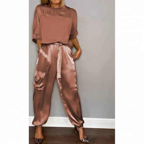 Casual oversized smooth satin top+pants two-piece set