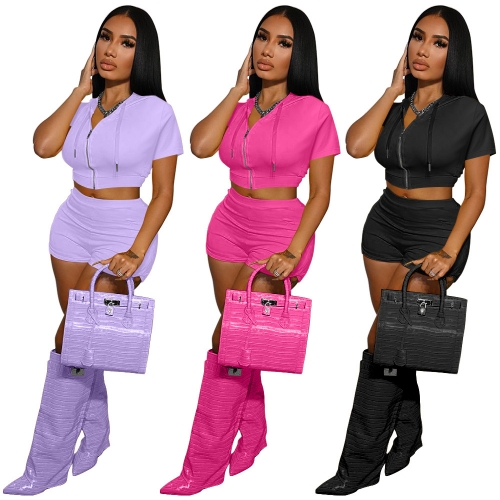 Casual hooded zippered top+shorts two-piece set