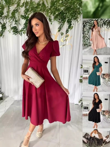 Solid V-neck waist cinched bubble sleeve dress