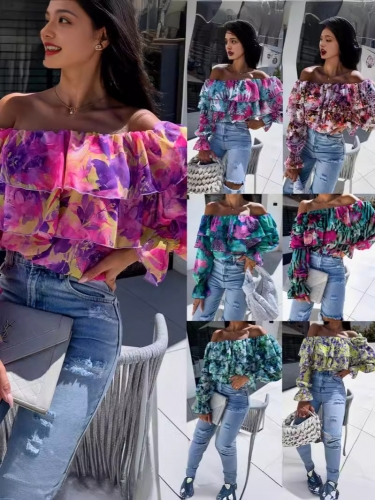 Sexy printed one line collar off shoulder shirt top
