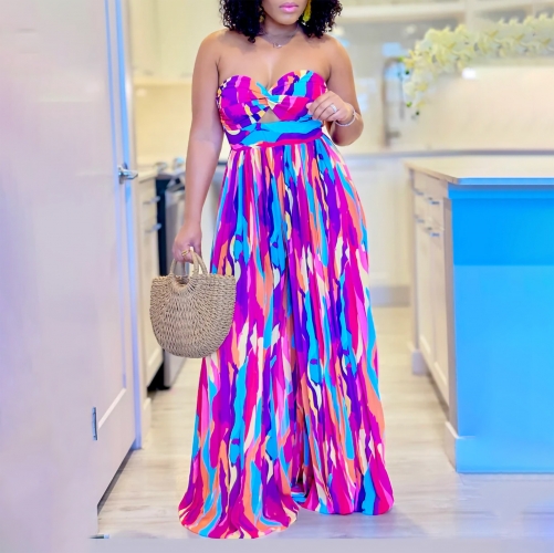 Sexy printed chest wrapped pleated wide leg jumpsuit
