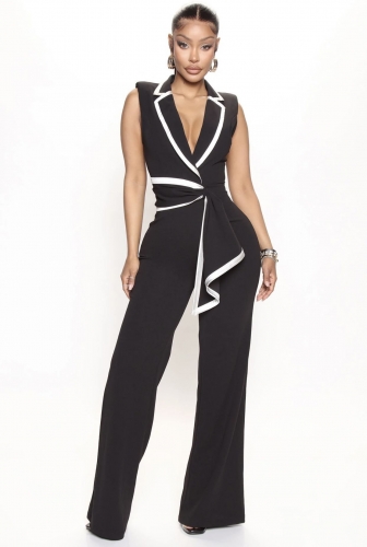Sleeveless lapel color matching lace up jumpsuit