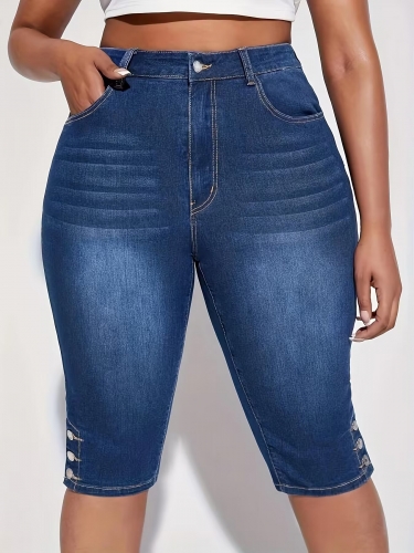 Fashionable side button elastic oversized jeans