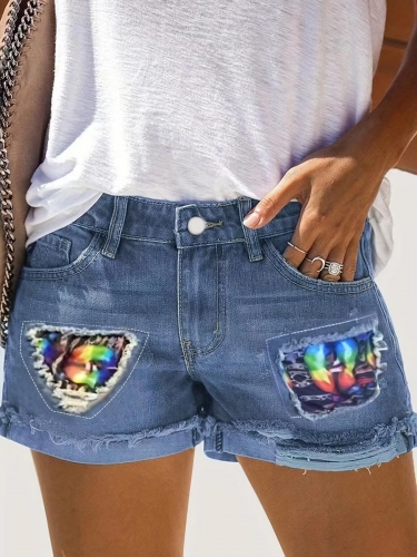 Fashionable oversized elastic patch denim shorts