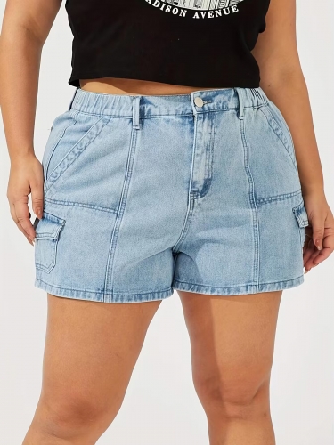 Fashionable elastic large pocket denim shorts