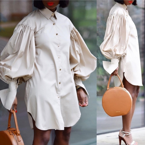 Solid color oversized bubble sleeve shirt dress
