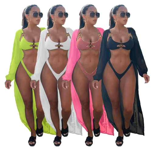 Sexy pull loop connection design swimsuit three piece set